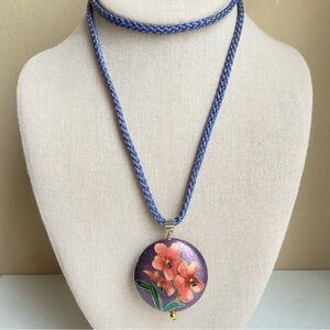 Floral cloisonné pendant necklace two sided in purple pink and green on cord